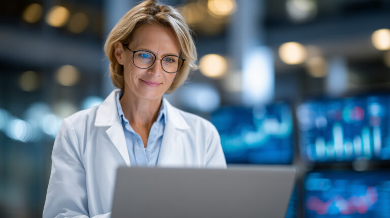 Radiologue travaillant sereinement sur son écran grâce à une gestion administrative optimisée