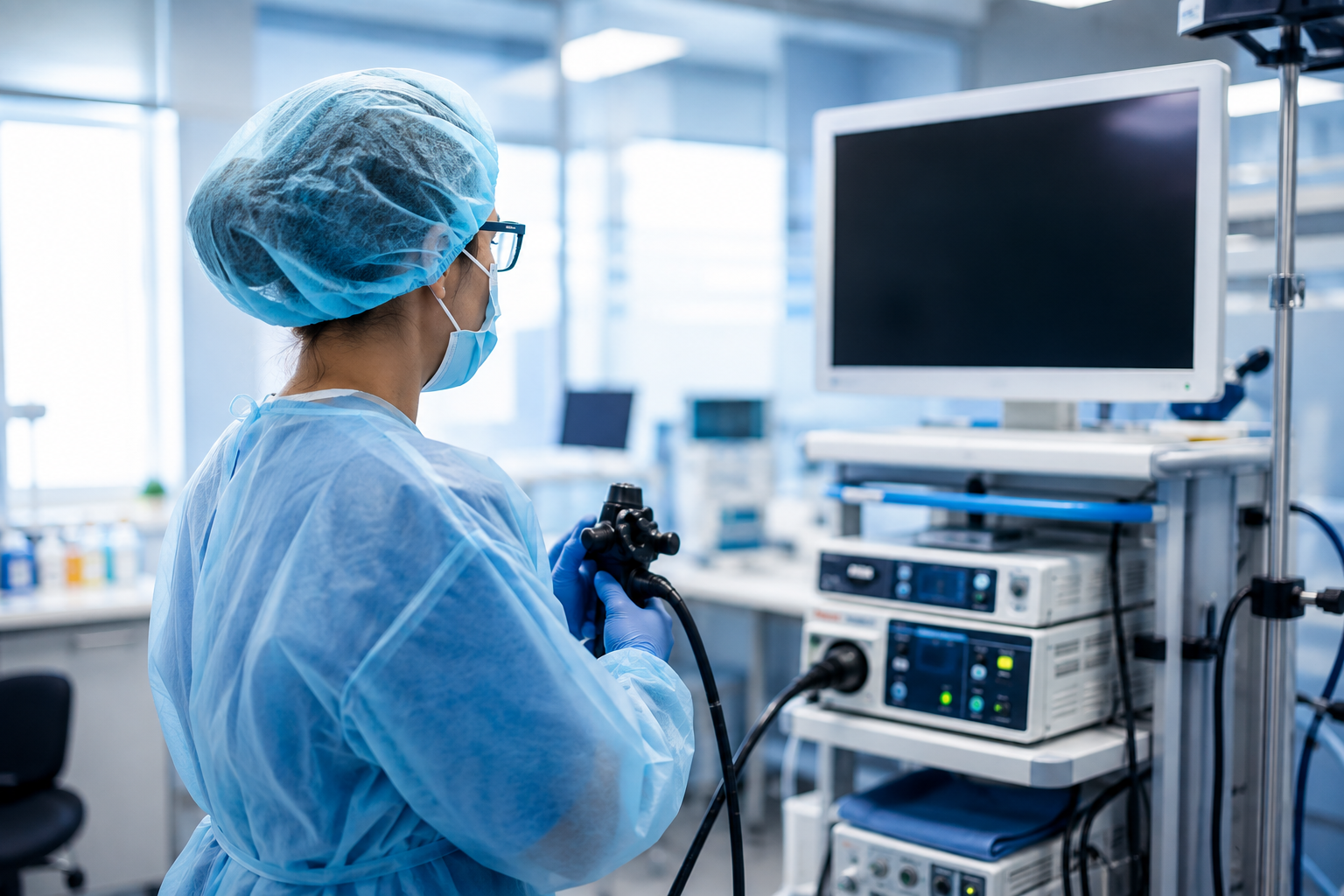 Professionnelle de santé utilisant un endoscope dans une salle d’examen médical équipée de matériel biomédical